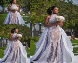 2023 White Lace African Mermaid Wedding Dresses With Detachable Train Modest High Neck Puffy Skirt Sima Brew Country Garden Royal 5681494