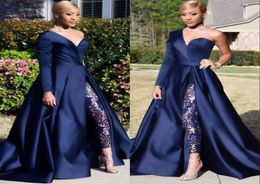 2020 New A Line Dark Navy Split Prom Party Gowns Jumpsuit Celebrity Dresses Elegant One Shoulder Long Sleeve Evening Dresses Pant 5498269