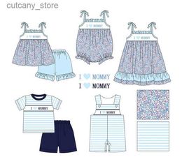 T-shirts Baby New Kids Cotton Shivering T-shirt Set Round Neck I Love Mom Embroidery Girl Top Clothes And Blue Shorts Decorate Suit L240311