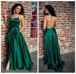 Sexy Halter Backless Side Slit A Line Long Green Prom Dresses with Pockets Satin Dress Party Graduation Dresses8390840