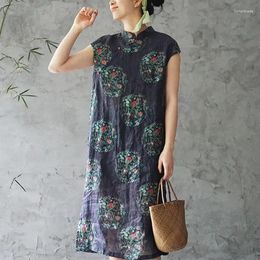 Casual Dresses Women Chinese Style Retro Print Stand Button Cotton Linen Dress 2024 Summer Simple Comfortable Fashion MT94