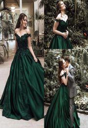 Modest 2019 Dark Green Ball Gown Evening Dresses Off The Shoulder Formal Party Gowns Beaded Applique Satin Long Pageant Prom Dress8510445