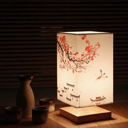 Lamps Shades LED Square Decoration Table Lamps Simple Chinese Style Dimmable EU Plug Night Light Fabric Lampshade Bedroom Bedside Lights L240311