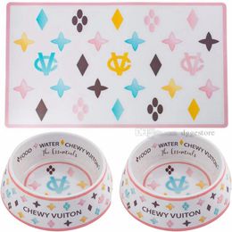 Designer Dog Bowls and Placemats Set Food Grade Non-Skid BPA- Chip-Proof Tip-Proof Dishwasher Safe Malamine Bowls with Fun Bra3449