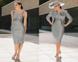 Elegant Grey Mother Of The Bride Dresses With Jackets Uk Modest Knee Length Short 2 Pieces Groom Mom Formal Dresses Without Hat 202258794