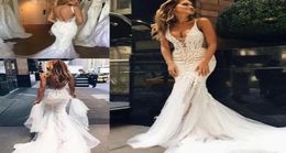 Pallas Couture 2020 Lace Floral Long Train Mermaid Beach Wedding Dresses Custom Make Vneck Full length Fishtail Bridal Wedding Go2602950