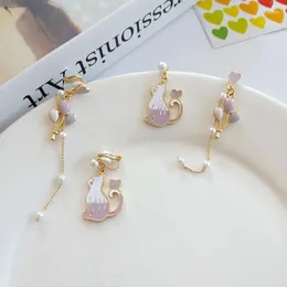 Backs Earrings Temperament Pink Pearls Asymmetric Fake Chain Balloon Long Women Jewelry