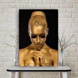 African Golden Woman Poster Wall Art Canvas Painting Abstract Portrait Picture HD Print For Living Room Home Decoration Cuadros292U