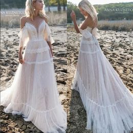 Stunningbride 2024 Bohemian Wedding Dresses Off Shoulder A Line Lace Appliqued Boho Backless Plus Size Sweep Train Simple Beach Bridal Gowns