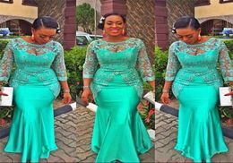 Charming Aso Ebi Green Long Sleeves Evening Gowns Sheer Neck Lace Appliques Beads Mermaid Prom Dresses African Plus Size Party Dre6750889