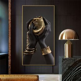 Black Woman's Hand Print Canvas Painting Gold Jewellery Posters And Prints Cuadros African Wall Art Pictures Home Decoration Mu2680