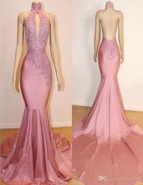 New Sexy Pink Prom Dresses Mermaid High Neck Lace Appliques Beaded Sleeveless Open Back Sweep Train Party Evening Gowns Robes de m8633598