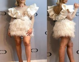 2023 Sexy Luxury Feather Cocktail Dresses Jewel Neck Illusion Ruffles Crystal Beads Short Mini Prom Dress Party Homecoming Gowns L2674440