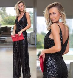 Black Sequined Jumpsuits Evening Dresses Deep V Neck Backless Bridesmaid Dress Plus Size Formal Pageant Gowns Sheath Party Prom Su2531403