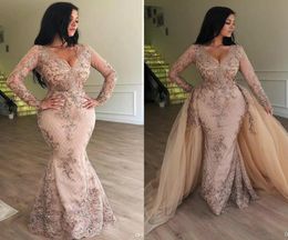 Sparkly Mermaid 2019 Lace Evening Dresses Long Sleeve V neck Lace Prom Dress With Detachable Train Formal Party Gowns6892228