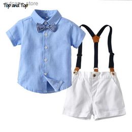 T-shirts Top and Top Fashion Kids Baby Boys Summer Gentleman Bowtie Shirt Top+Suspenders Shorts Clothes Set Roupa Infantil Menino L240311