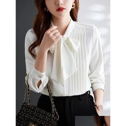 Women'S Blouses & Shirts Womens Blouses Pleated Women Shirt Long Sleeve Bow Tie Neck Pearl Buttons Office Lady Elegant Female Fashion Dh15X