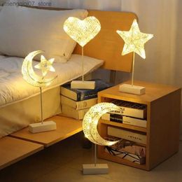 Lamps Shades Rattan Weave Star Moon Night Light Battery Powered Romantic Table Lamp For Home Living Room Decor Desktop Ornament Bedside Lamp L240311