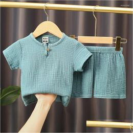 Clothing Sets 0-4Y Boys Girls Summer Solid Cotton Linen T-Shirts Elasctic Shorts Kids Clothes Casual For Children Drop Delivery Baby M Otqdf