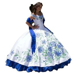 White Blue Dresses Quinceanera And Royal With Mexican Embroidered Floral Long Satin Ball Gown Sweet 16 Prom Party Gowns Sleeveless Stra GG s