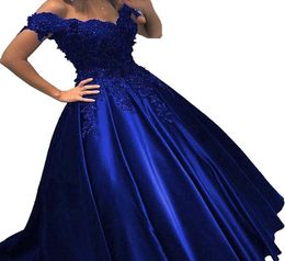 Royal Blue Prom Dresses Ball Gown Off the shoulder Lace 3D Flowers Beaded Corset Back Satin Evening Formal Dress Gowns6479594