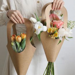 Handle Kraft Paper Flower Packaging Bag Handbag Wrapping Gift For Home Wedding Party Decor Valentines Day 240228