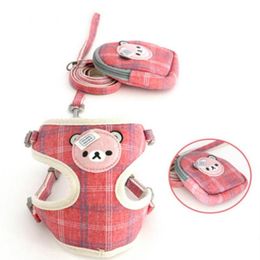 Dog Collars & Leashes Pet Supplies Harness Leash Set I-Shaped Plaid Cartoon Bear Polyester Breathable Mesh Chest Strap Snack Pack196u