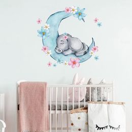 Watercolour Sleeping Baby Elephant on the Moon Wall Stickers With Flowers for Kids Room Baby Nursery Room Wall Decals PVC197c