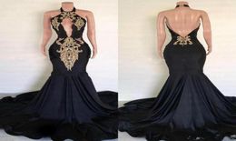 Black Sexy Backless V Neck Long Mermaid Prom Dresses 2020 Halter Gold Applique Satin Backless African Black Girls Formal Party Gow6961866