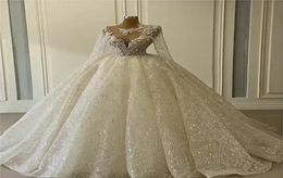 Glitter Ball Gown Wedding Dresses Long Sleeves Sheer Neck Appliqued Sequins Beads Bridal Gowns Luxury Dubai Custom Made Vestidos D9186766