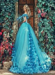 Blue masquerade pageant Ball Gown Quinceanera Dresses with Handmade Flowers Off the shoulder Court Train Tulle Prom sweet 16 Dress4754835