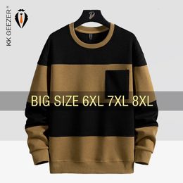 Men Stripe Sweatshirts Cotton Oversized 6XL 7XL 8XL Plus Size Long Sleeve ONeck Pullovers Streetwear Fashion Sportswear Black 240301