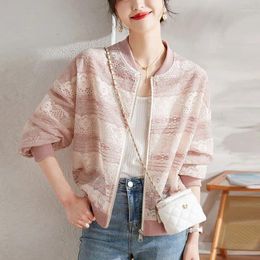 Women's Jackets Pink Printed Baseball Uniform Short Coat Summer 2024 Loose Hollow Lace Top