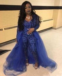 Royal Blue Sequined Jumpsuits Prom Dresses With Detachable Train V Neck Long Sleeves Party Dress Appliqued Tulle Plus Size Evening3554390