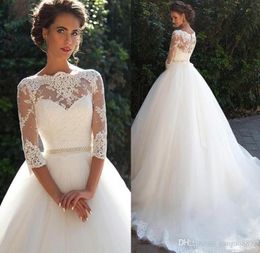 Vintage Lace ALine wedding dresses sheer High Neck with half Long Sleeves Pearls sash Princess custom made Cheap Bridal Dresses P7547675