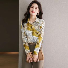 Women's Blouses French Mosaic Letter Pattern Short Sleeve Shirt Elegant Suits 2024 Long-sleeved Chiffon Blouse Woman Collection Dark