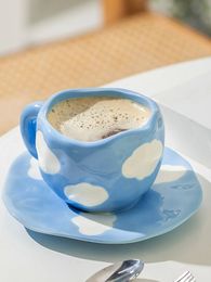 Handpainted Flower Ceramic Coffee Cup Home Office Mug With Plate Spoon Breakfast Milk Juice Tea Handle Gift Drinkware Set 240301
