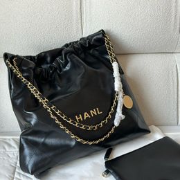 Womens Oil Wax Leather 22 Large Shopping Bags With Coin Charm Gold metal Hardware Matelasse Chain Crossbody Handbags Wallet Pouch With Serial Number Black Purse 35CM