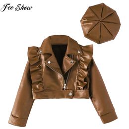 Barnflickor Fashion Casual Motorcykeljackor Coat Lapel Långärmad dragkedja PU LÄDER TOPPS YTERWEAR DAGLIG SCHOOL Party Costume 240329