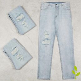 Men's Jeans High Street Askyurself Light Coloured Made Old Ripped Pocket Button Casual Straight Leg Denim Trousers For Men And Women