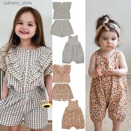 T-shirts 23 Summer Ks Girl Clothes Suit Children Mulberry Ruffle Sleeve Top Shorts Baby Cute Casual Print Romper Kid Chequered Jumpsuit L240311