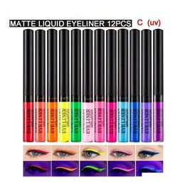 Eye Shadow/Liner Combination 12Pcsbag Uv Light Neon Eyeliner Pen Coloured Liquid Waterproof Liner Pencil Thin White Brown Red Makeup 24 Otnqv