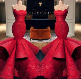 Beautiful Formal Red Evening Dresses 2020 Satin Strapless Sequins Applique Long Prom Dress Mermaid Pageant Gowns Ruffle Skirt9290444