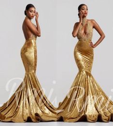 Sexy Gold Velvet Mermaid Prom Dresses High Jewel Neck Backless Court Train See Through Lace Applique Evening Gowns Formal Dress og1342158