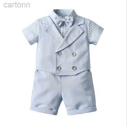 Clothing Sets Two-Piece Set Baby Boys Gentleman Style Clothing Sets Summer Boy Short Sleeve Plaid Shirt With Bowtie+Shorts Kids Suits Children Outfits ldd240311