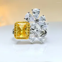 Cluster Rings Luxurious 2- Yellow Diamond Ring Refers To Coloured 925 Silver 5A High-carbon Floret Rich Yellow.