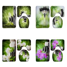 Mats Zen Bath Mat Sets Green Bamboo Orchid Flower Plant Black Stone Spa Scenery Garden Bathroom Doormat NonSlip Rug Toilet Lid Cover