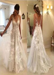 Bohemian A Line Wedding Dresses V Neck 3D Floral Lace Applique Illusion Backless Sweep Train Summer Beach Plus Size Formal Bridal 8985665