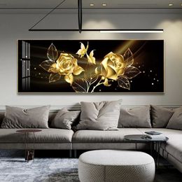 Black Golden Rose Flower Butterfly Abstract Wall Art Canvas Painting Poster Print Horizonta Picture for Living bedRoom Decor2889