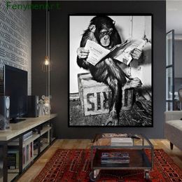 Paintings Funny Monkey Business Canvas Painting Reading Spaper Poster And Print Black White Art Picture Washroom Restroom Decor271C